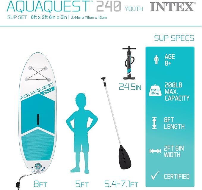 8' AquaQuest® 240 Inflatable Paddle Board Dimensions