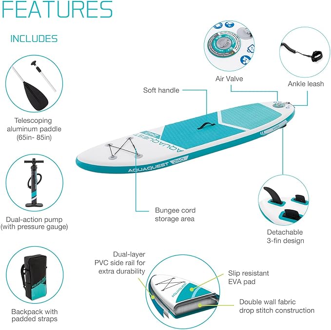 8' AquaQuest® 240 Inflatable Paddle Board Features